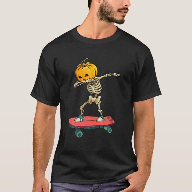 Funny Halloween Skeleton Skateboard Dabbing Skate T Shirt (Framsida)