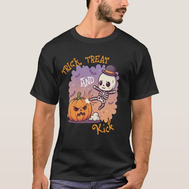 Funny Halloween Skeleton "Trick, Treat and Kick T Shirt (Framsida)