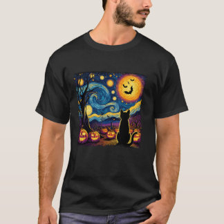 Funny Halloween Van Gogh Starry Night Black Cat Mo T Shirt