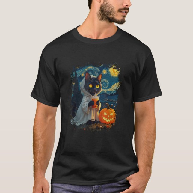 Funny Halloween Van Gogh Starry Night Ghost Cat Pu T Shirt (Framsida)