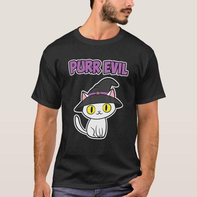 Funny Halloween White Cat Witch Hat Purr Evil Wome T Shirt (Framsida)