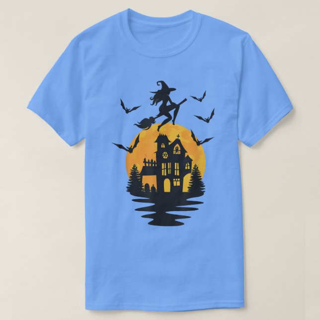 Funny Halloween Witch Flies Broom Haunted House M T Shirt (Design framsida)