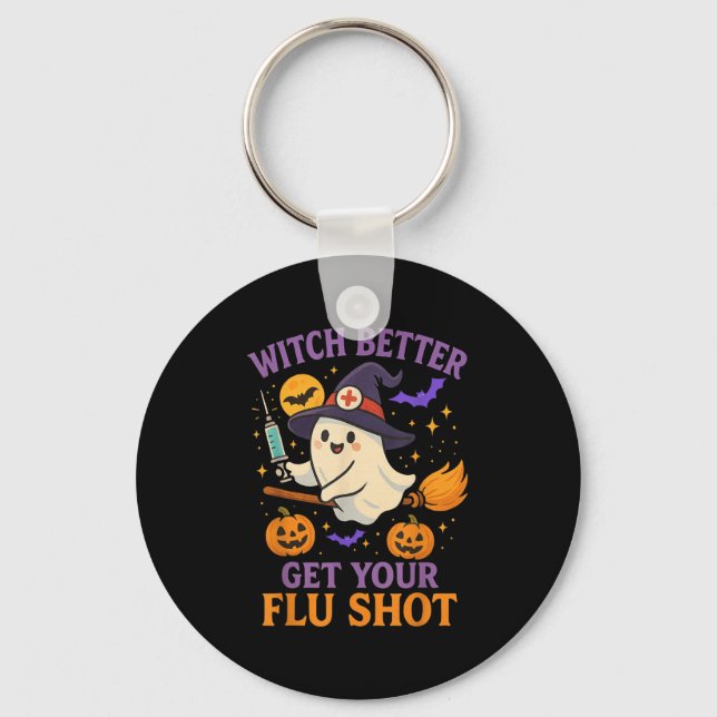 Funny Halloween Witch Ghost Flu Shot Nurse Nyckelring (Framsida)