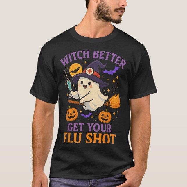 Funny Halloween Witch Ghost Flu Shot Nurse T Shirt (Framsida)