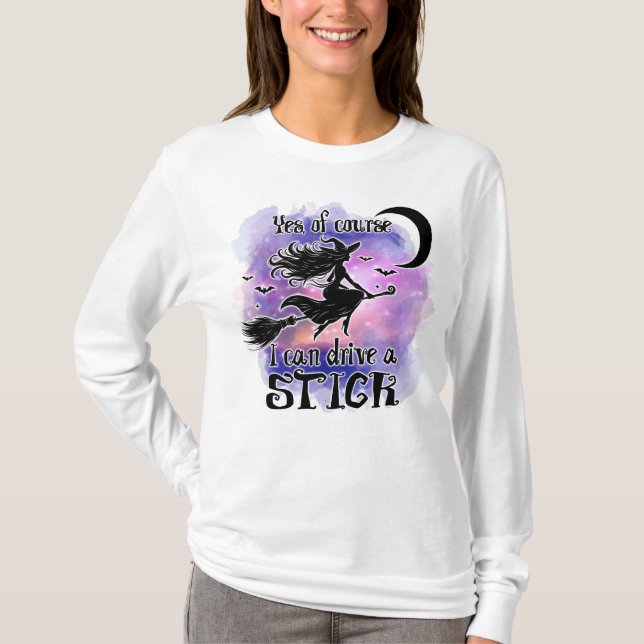 Funny Halloween Witch Riding Broom T Shirt (Framsida)