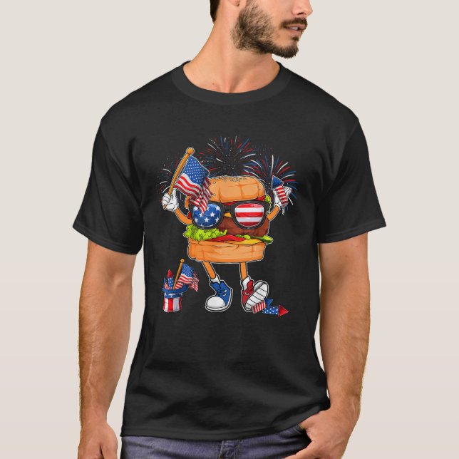 Funny Hamburger American Flag 4th Of July Independ T Shirt (Framsida)