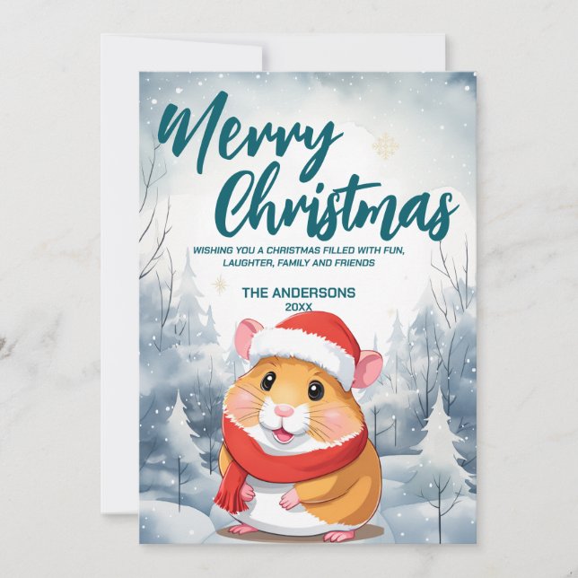 Funny Hamster God jul träd snö Julfest Julkort (Framsida)
