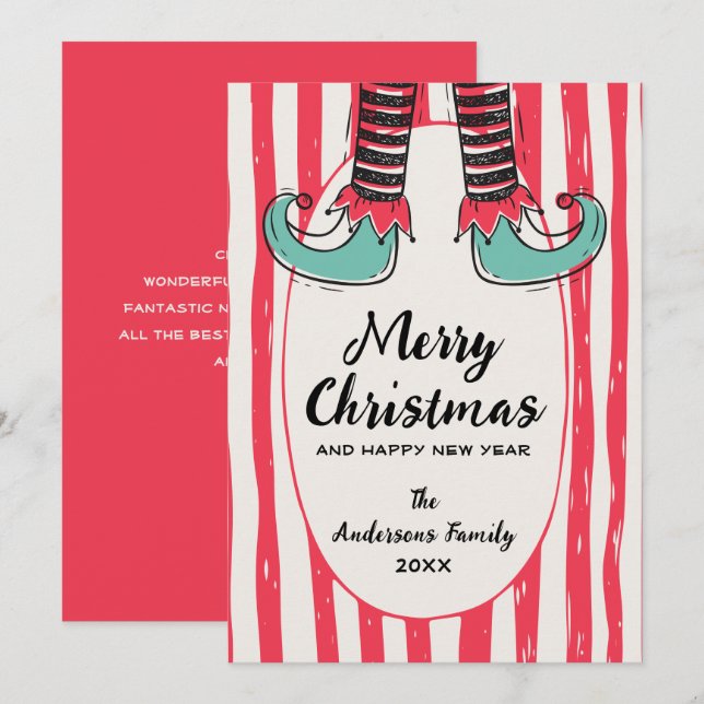 Funny Hand Drawn Elf Sock Christmas Non-Photo Julkort (Fram/baksida)