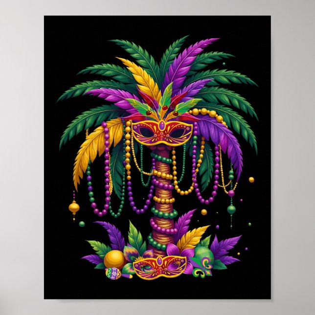 Funny Handflatan Träd och Pärlor Mardi Gras Hawaii Poster (Framsidan)