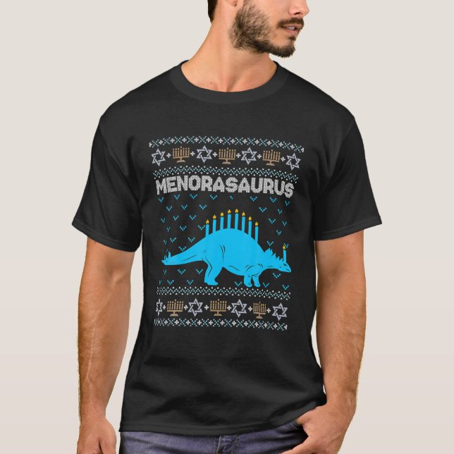 Funny Hanukkah Dinosaur Stegosaurus Dino Menorah T Shirt (Framsida)