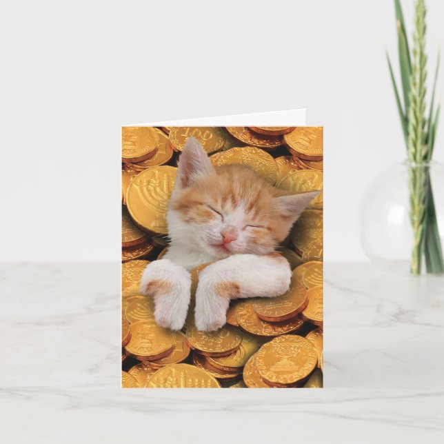 Funny Hanukkah Greeting Card - Katt i Gelt Kort (Framsida)