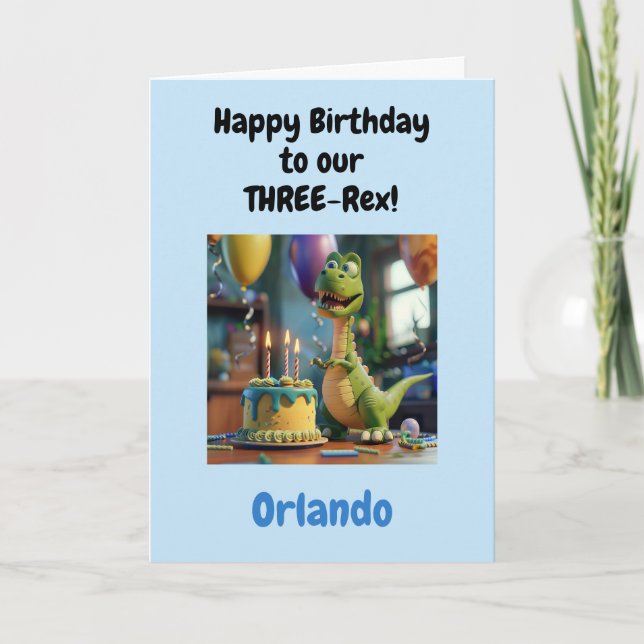 Funny Happy 3rd Birthday Boy, Dino, Personalized  Kort (Framsida)