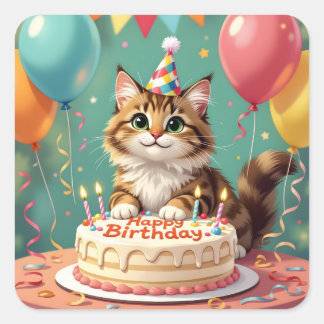 Funny happy birthday cat fyrkantigt klistermärke