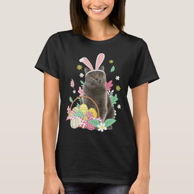 Funny happy easter cute cat bunny eggs basket rabb t shirt (Framsida)