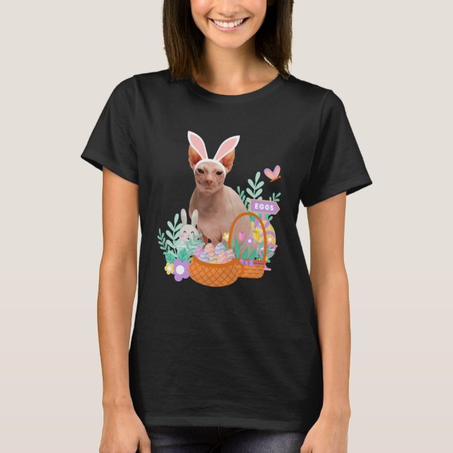 Funny happy easter sphynx cat bunny eggs basket ra t shirt (Framsida)