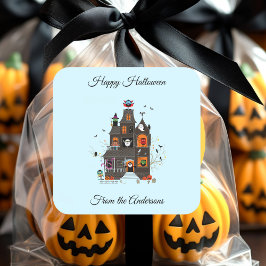 Funny Happy halloween Haunted House People Fyrkantigt Klistermärke