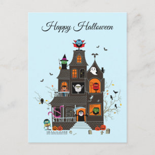 Funny Happy halloween Haunted House People Vykort