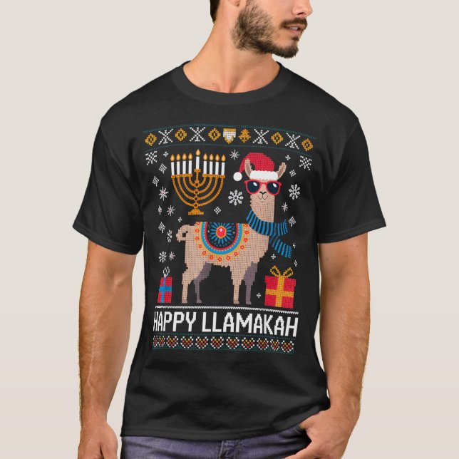 Funny Happy Llamakah Llama With Menorah  T Shirt (Framsida)