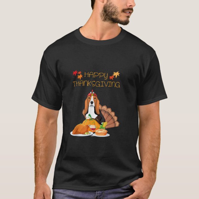 Funny Happy thanksgiving Basset Hound Hund Turkiet T Shirt (Framsida)