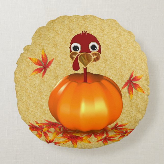 Funny Happy thanksgiving Turkiet i Pumpkin Rund Kudde (Framsidan)