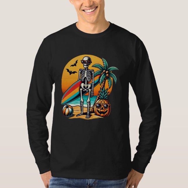Funny Hawaii Skeleton Surfing Halloween Hawaiian M T Shirt (Framsida)