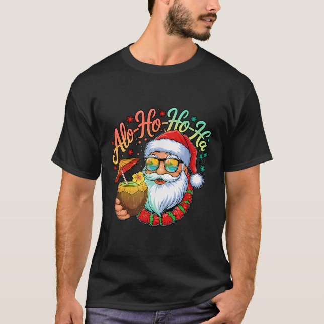 Funny Hawaiian Alo-ho-ho-ha Santa Surfing Christma T Shirt (Framsida)