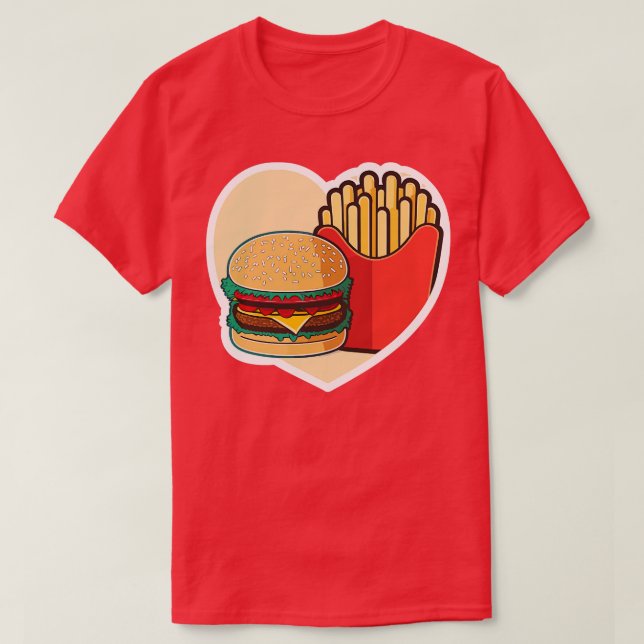 Funny Heart Kärlek Burger Fransk Fries T Shirt (Design framsida)
