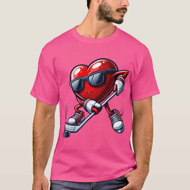 Funny Heart spelar Hockey Valentines day Boys T Shirt (Framsida)