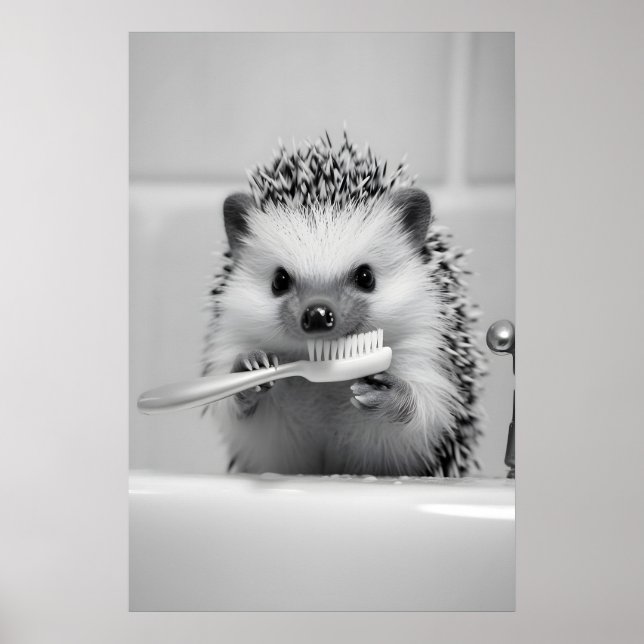 Funny Hedgehog Brushing Teeth Bathroom Print Poster (Framsidan)