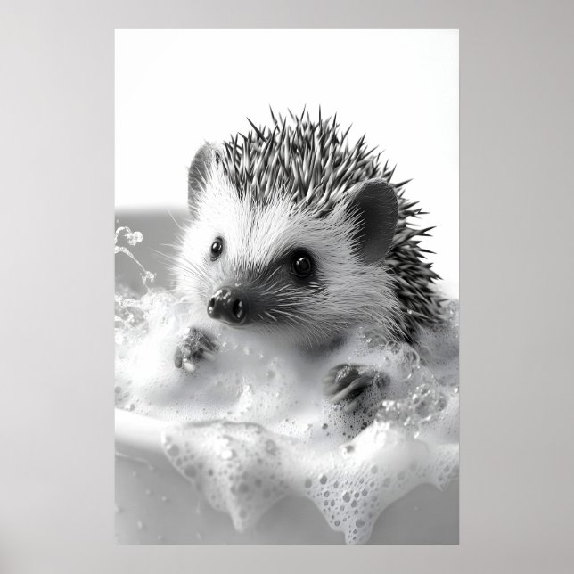 Funny Hedgehog Bubble Bath Print, Bathroom Animal Poster (Framsidan)