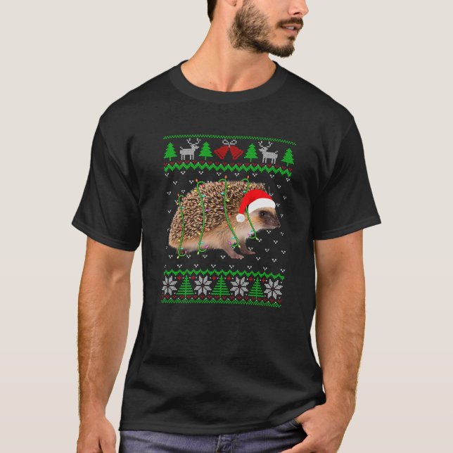 Funny Hedgehog Ljus Ugly Sweater Julgran T Shirt (Framsida)