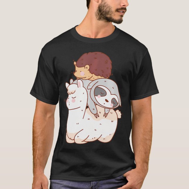 Funny Hedgehog Riding Sloth Riding Llama T Shirt (Framsida)