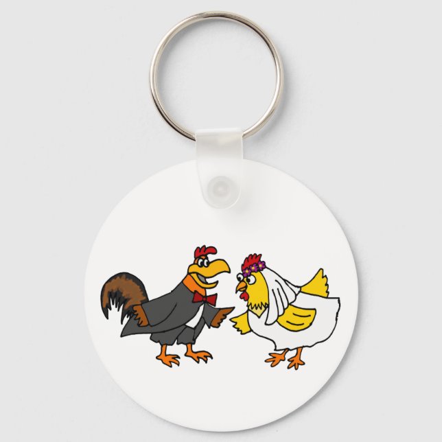 Funny Hen Bride och Tupp Groom Bröllop Nyckelring (Framsida)
