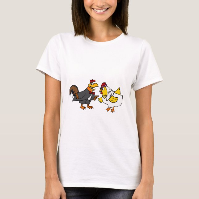Funny Hen Bride och Tupp Groom Bröllop T-shirt (Framsida)