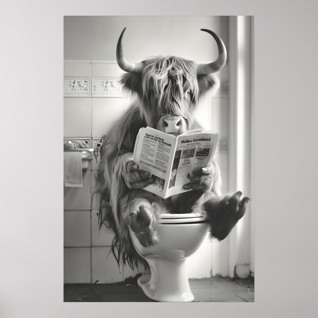 Funny Highland Cow Bathroom Print, Newspaper Poster (Framsidan)