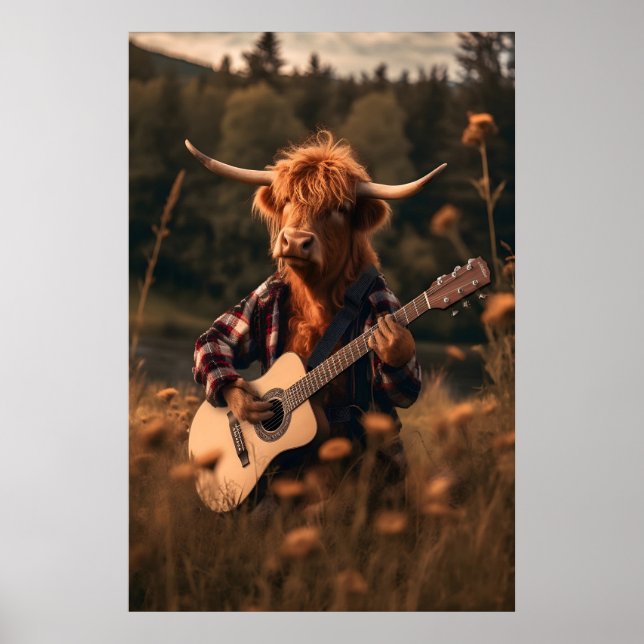 Funny Highland Cow Guitar Print, Farm Animal Art Poster (Framsidan)