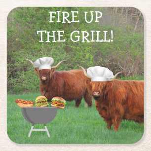 Funny Highland Steer Barbecue Time Underlägg Papper Kvadrat
