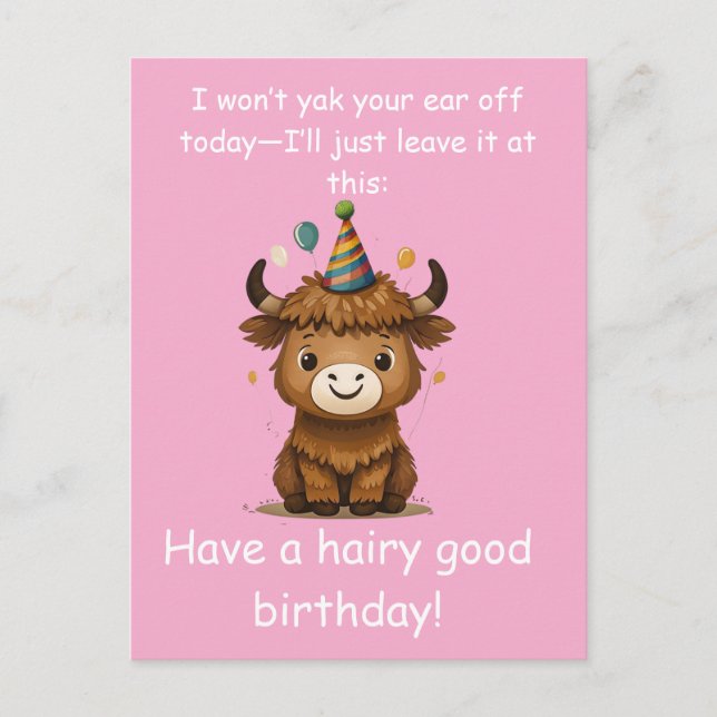 Funny Highland Yak: Hairy Good Birthday Puns Vykort (Framsida)