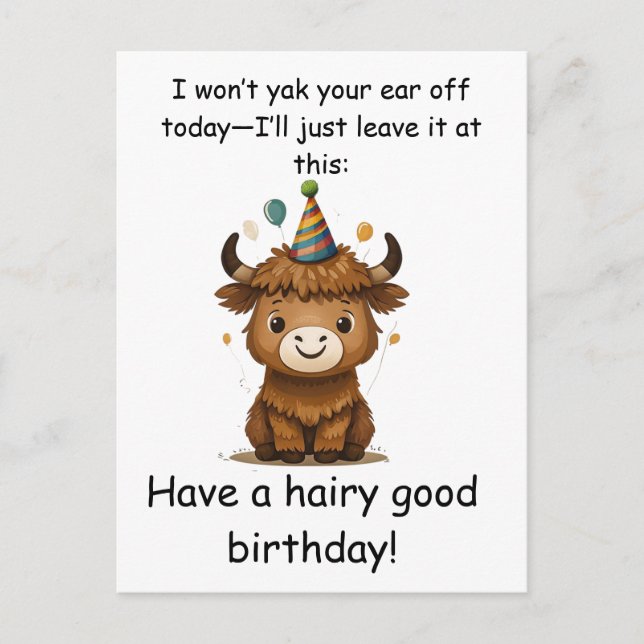 Funny Highland Yak: Hairy Good Birthday Puns Vykort (Framsida)