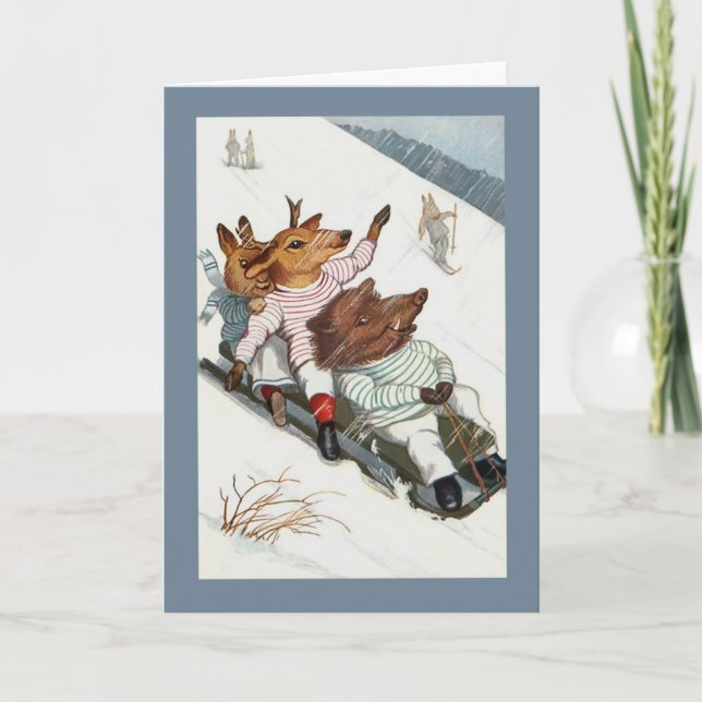 Funny Hjort Boar och Bunny Go Sledding Helgkort (Framsida)