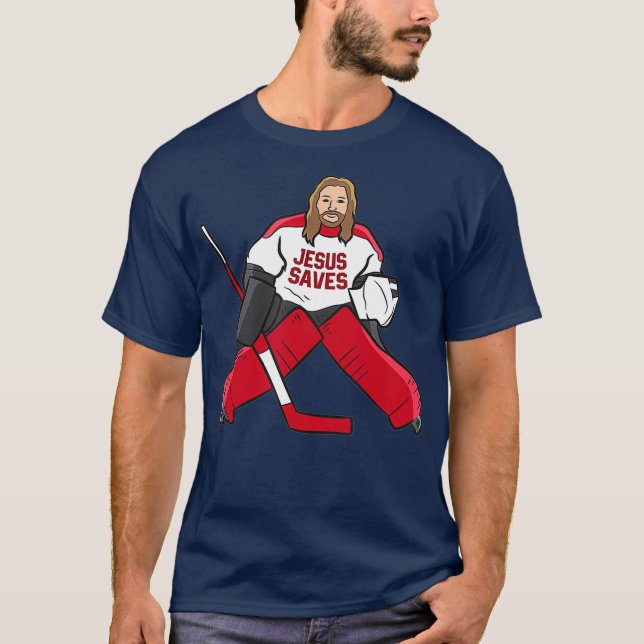 Funny Hockey Jesus Saves Hockey Goalie T Shirt (Framsida)