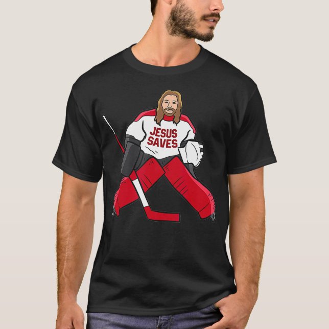 Funny Hockey Jesus Saves Hockey Goalie T Shirt (Framsida)