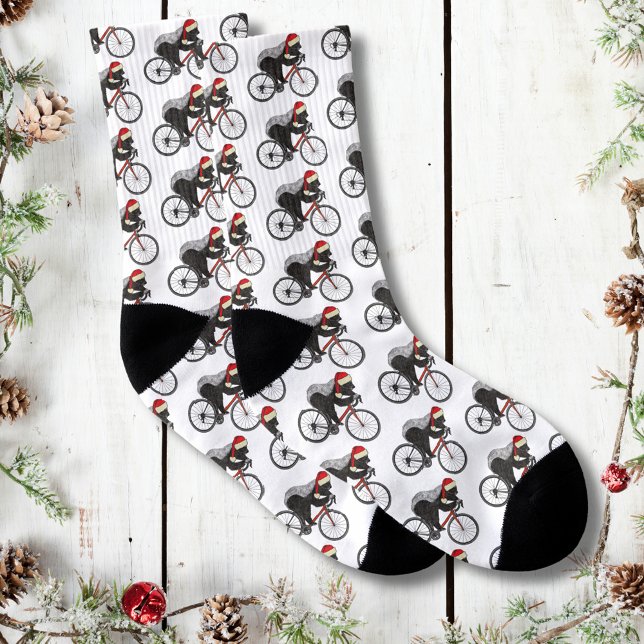 Funny Honey badger Santa Bicycle Cykling Strumpor (Christmas honey badger on a bicycle wearing a santa hat pattern cyclist holiday socks)