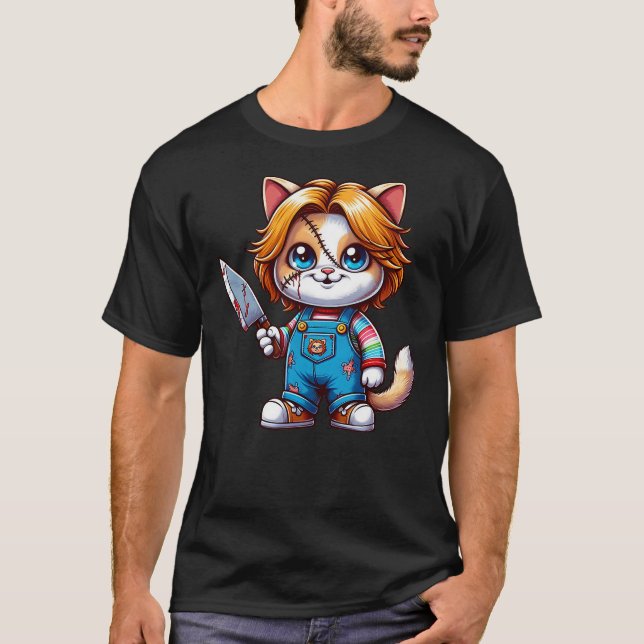 Funny Horror Halloween Chuckie Cat T Shirt (Framsida)