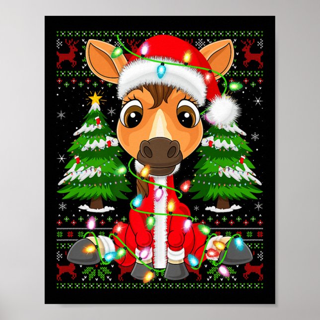 Funny Horse Christmas Lights Santa Costume Ugly Xm Poster (Framsidan)