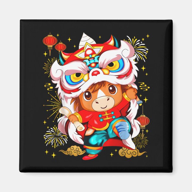 Funny Horse Lion Dance Chinese New Year Kid Men  Magnet (Framsidan)