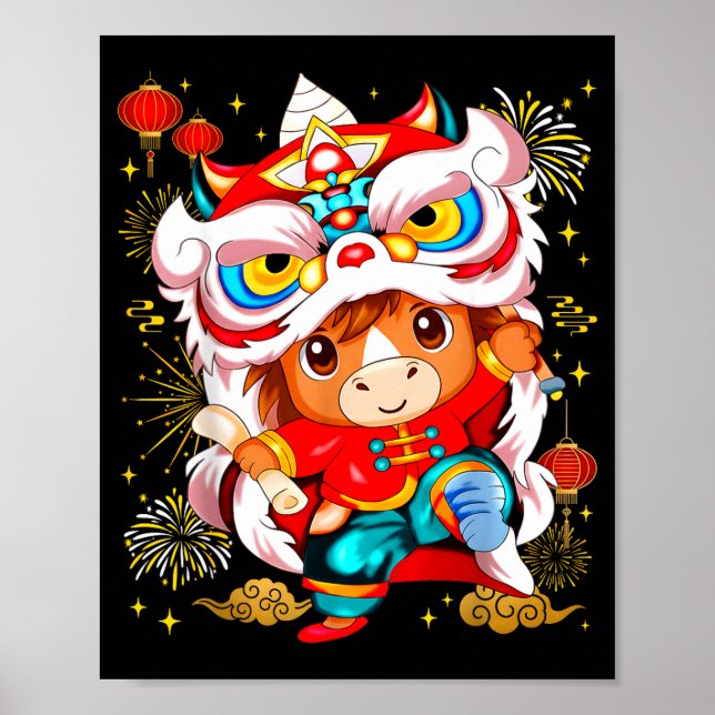 Funny Horse Lion Dance Chinese New Year Kid Men  Poster (Framsidan)