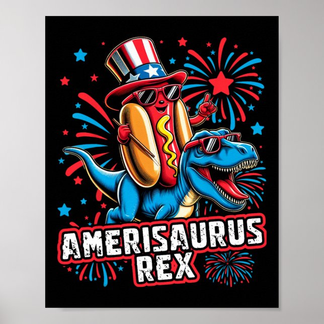 Funny Hotdog t Rex Dinosaur 4 juli Amerisauru Poster (Framsidan)
