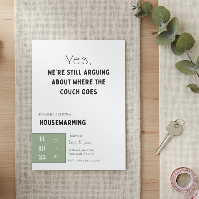 Funny Housewarming Invitation • Couch Quote Design Inbjudningar (Funny housewarming invitation flat lay on linen and wood with eucalyptus and house keys.)