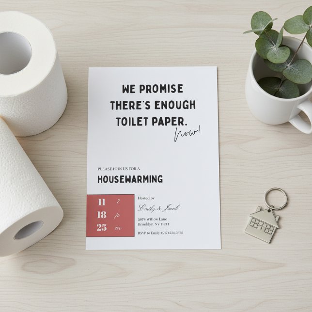 Funny Housewarming Invitation • Toilet Paper Quote Inbjudningar (Funny housewarming invitation flat lay with toilet paper, green leaves and keychain on light wood.)